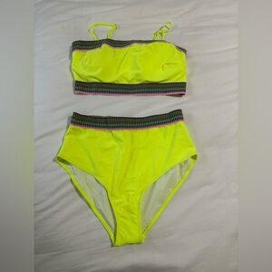 Brand new Neon green yellow two piece bathing suit Size Large w/ colorful bands